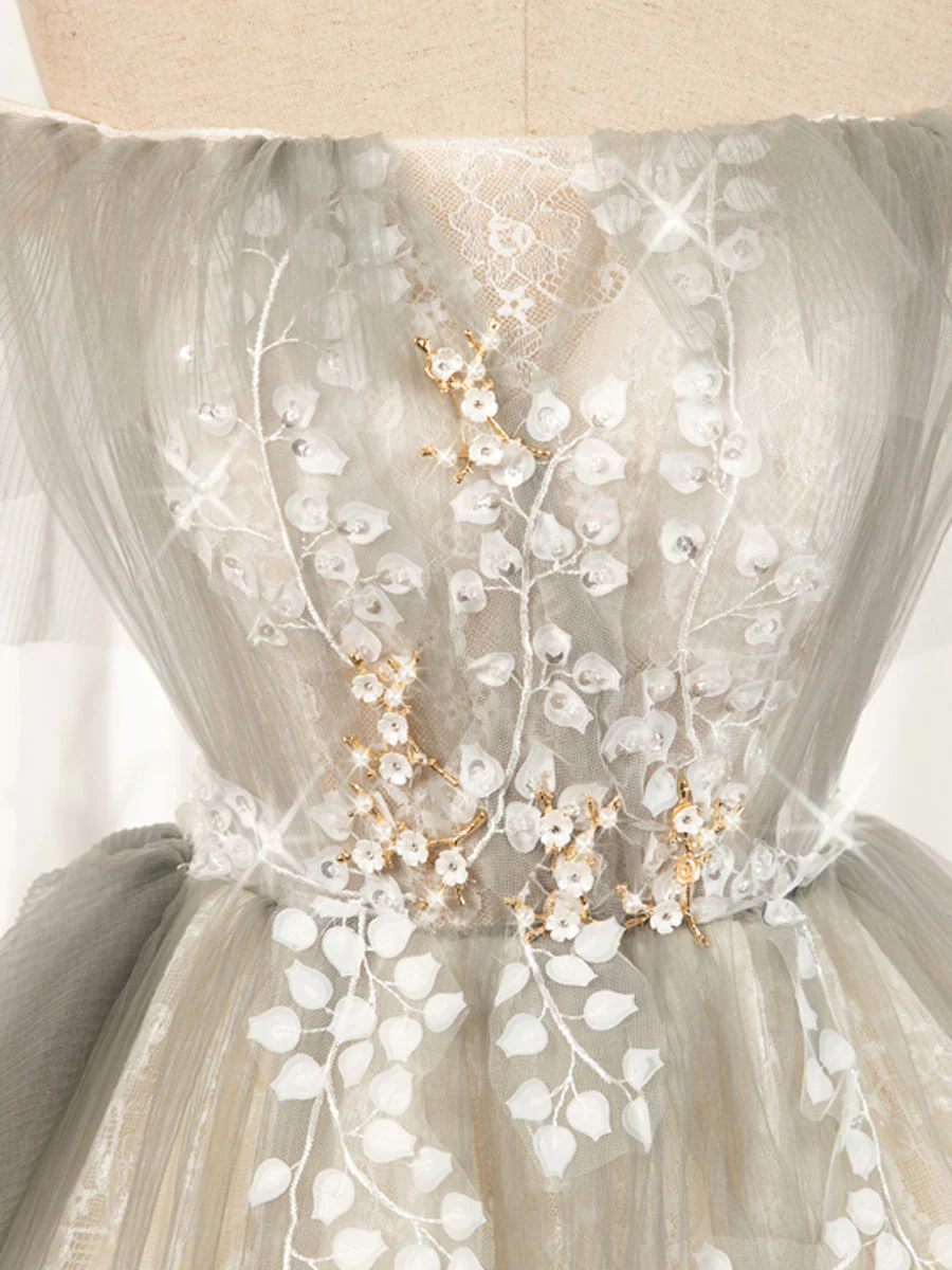 Cute Gray Tulle Lace Short Prom Dress, Gray Tulle Puffy Homecoming Dress - Deanwangkt