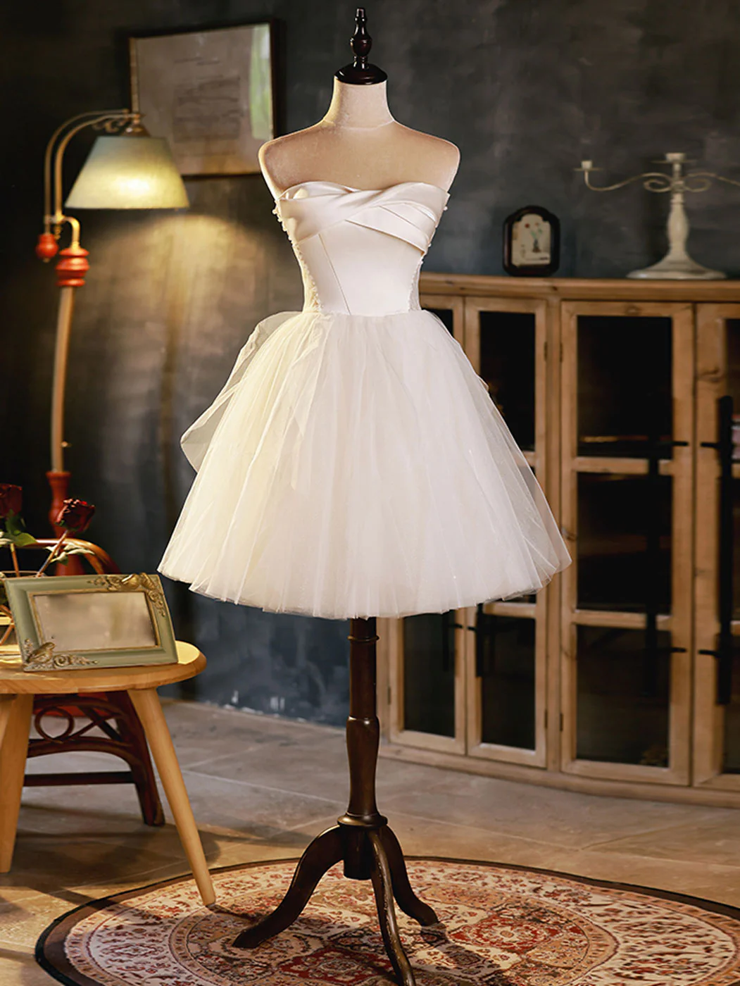 White Sweetheart Neck Tulle Short Prom Dress, Light Champagne Homecoming Dress - Deanwangkt
