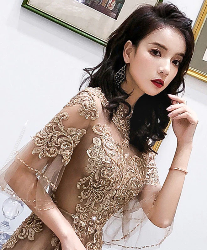 Champagne High Neck Tulle Lace Long Prom Dress, Champagne Evening Dress - Deanwangkt