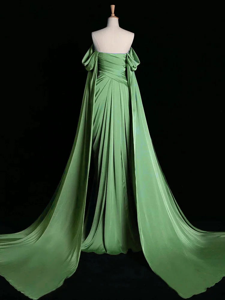 A-Line Off Shoulder Satin Green Long Prom Dress, Green Long Formal Dress - Deanwangkt
