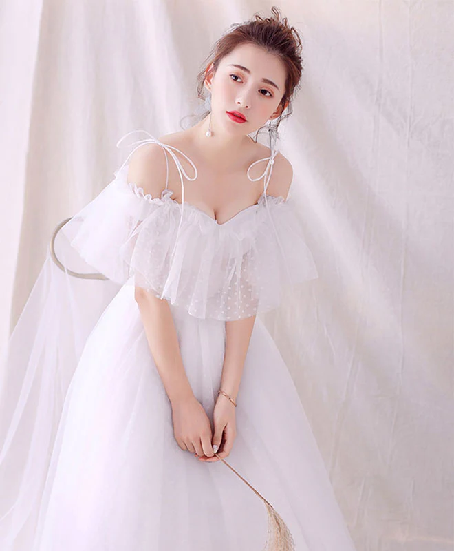 White Tulle Long Prom Dress, White Tulle Lace Evening Dress - Deanwangkt