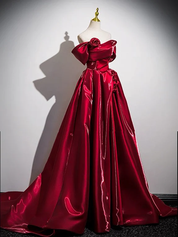A-Line Off Shoulder Satin Burgundy Long Prom Dress, Burgundy Long Formal Dress - Deanwangkt