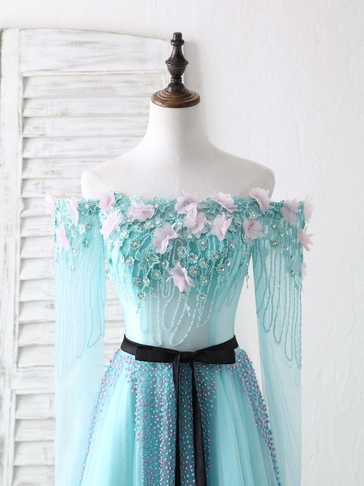 Blue Tulle Beads Long Prom Dress Blue Beads Evening Dress - Deanwangkt