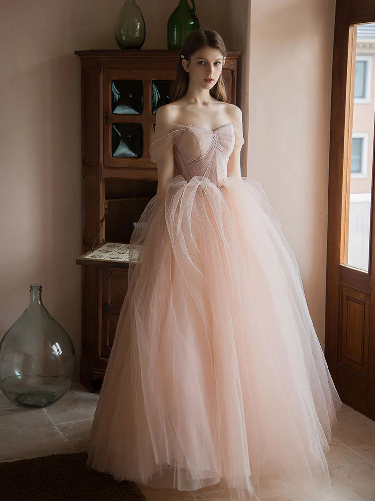 Pink Sweetheart Neck Tulle Long Prom Dress, Pink Evening Dress - Deanwangkt