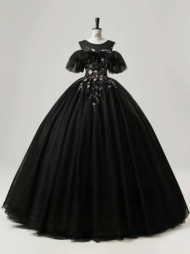 A-Line Round Neck Tulle Lace Black Long Prom Dress, Black Long Sweet 16 Dress - Deanwangkt