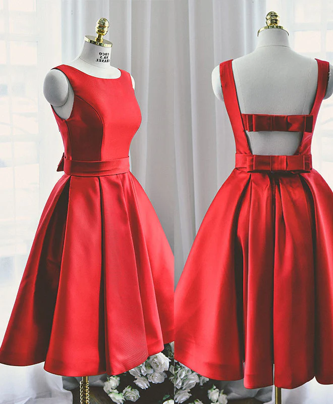Cute Red A Line Satin Short Prom Dress, Backless Red Homecoming Dresses - Deanwangkt