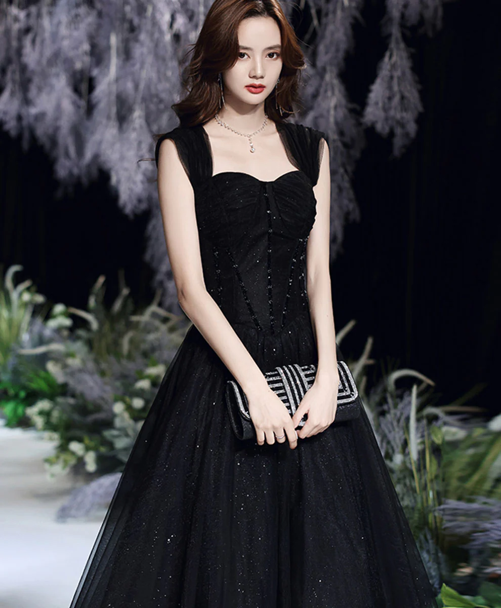 Black Tulle Off Shoulder Long Prom Dress, Black Formal Graduation Dresses - Deanwangkt