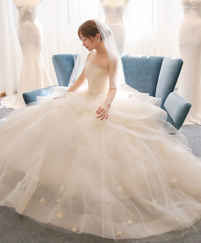 Light Champagne Tulle Long Wedding Dress, Champagne Bridal Dress - Deanwangkt