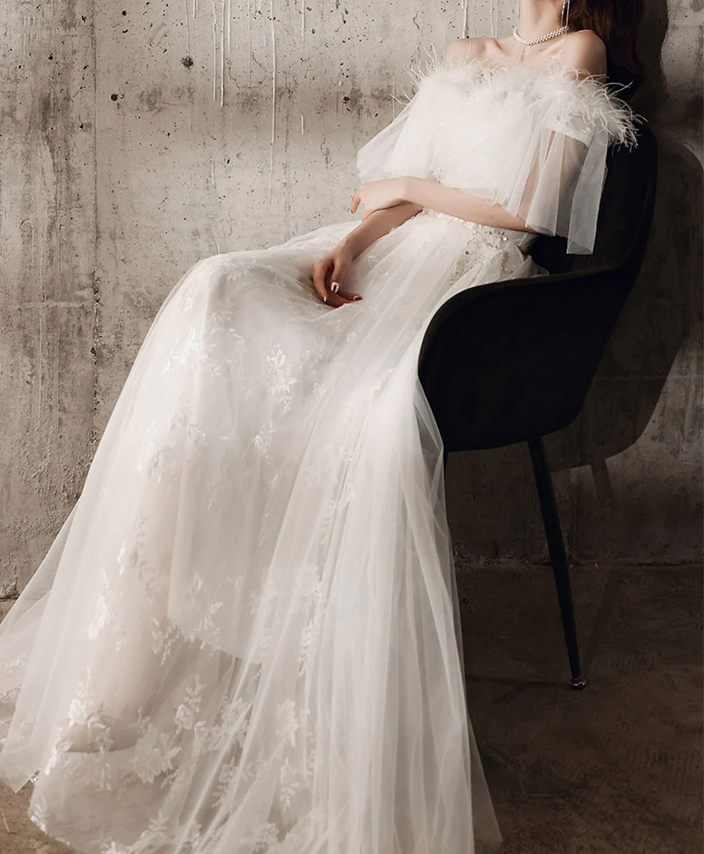 White Sweetheart Tulle Long Prom Dress, White Lace Long Graduation Dress - Deanwangkt