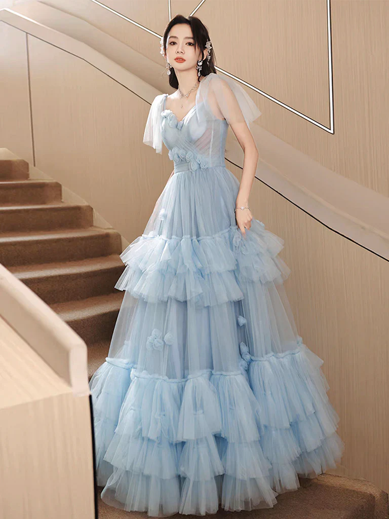 A-Line Tulle Blue Long Prom Dress, Blue Tulle Long Evening Formal Dress - Deanwangkt