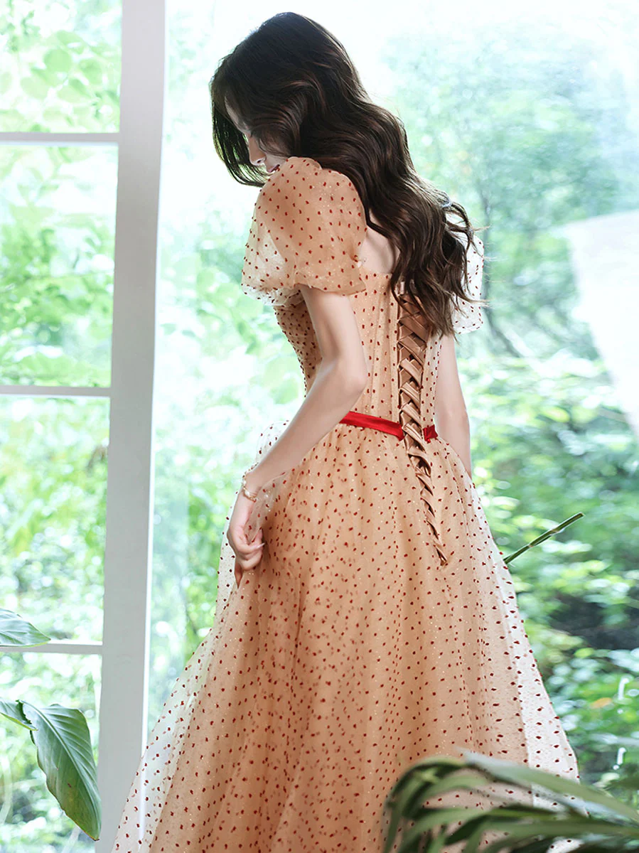 Aline Sweetheart Neck Tulle Long Champagne Prom Dress, Champagne Evening Dresses - Deanwangkt