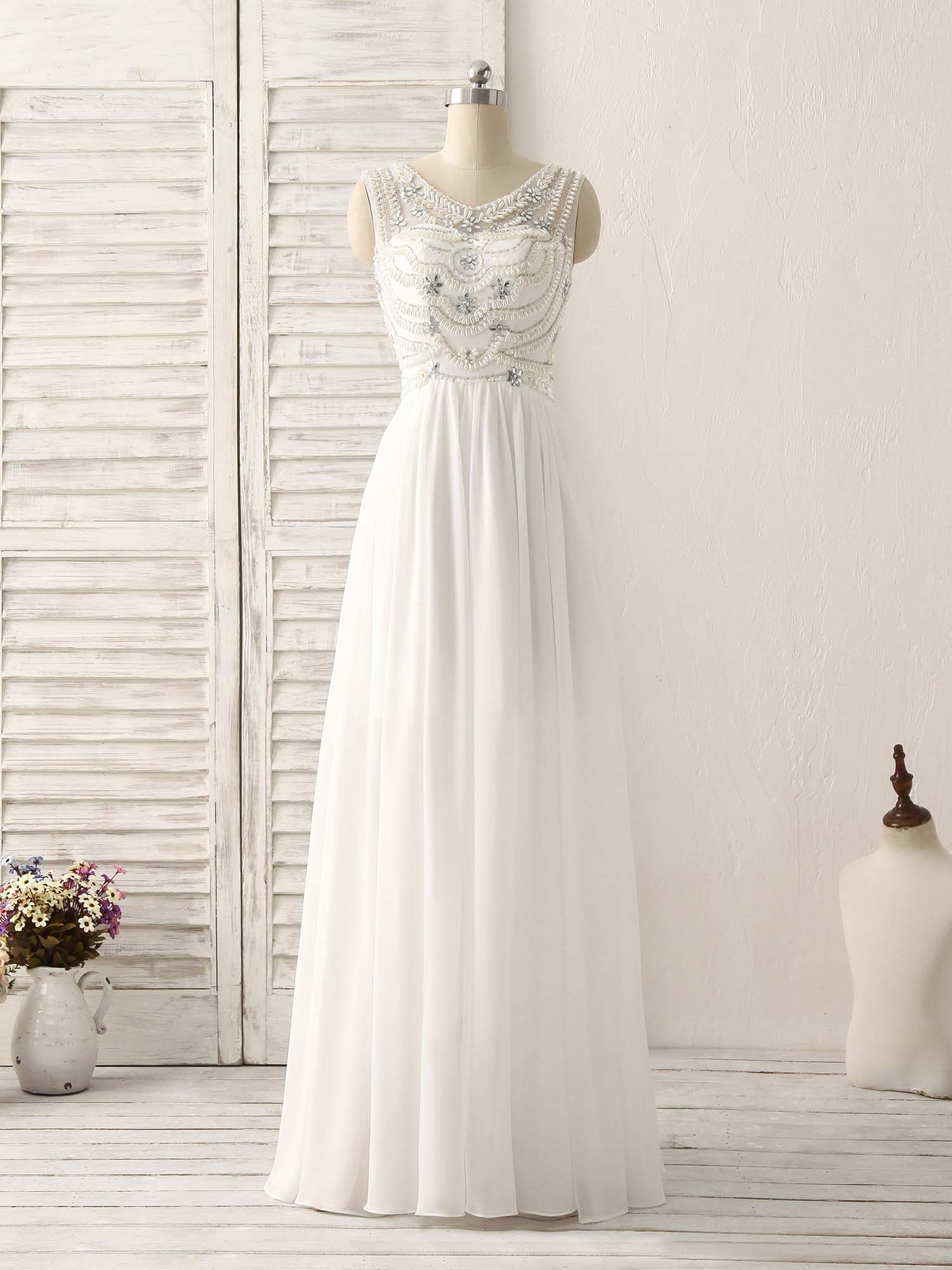 White V Neck Chiffon Long Prom Dresses, White Long Evening Dresses - Deanwangkt