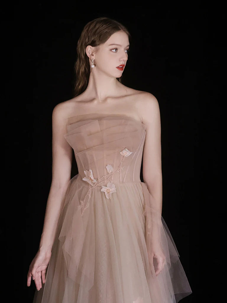Champagne A-Line Tulle Long Prom Dress, Champagne Long Formal Dress - Deanwangkt