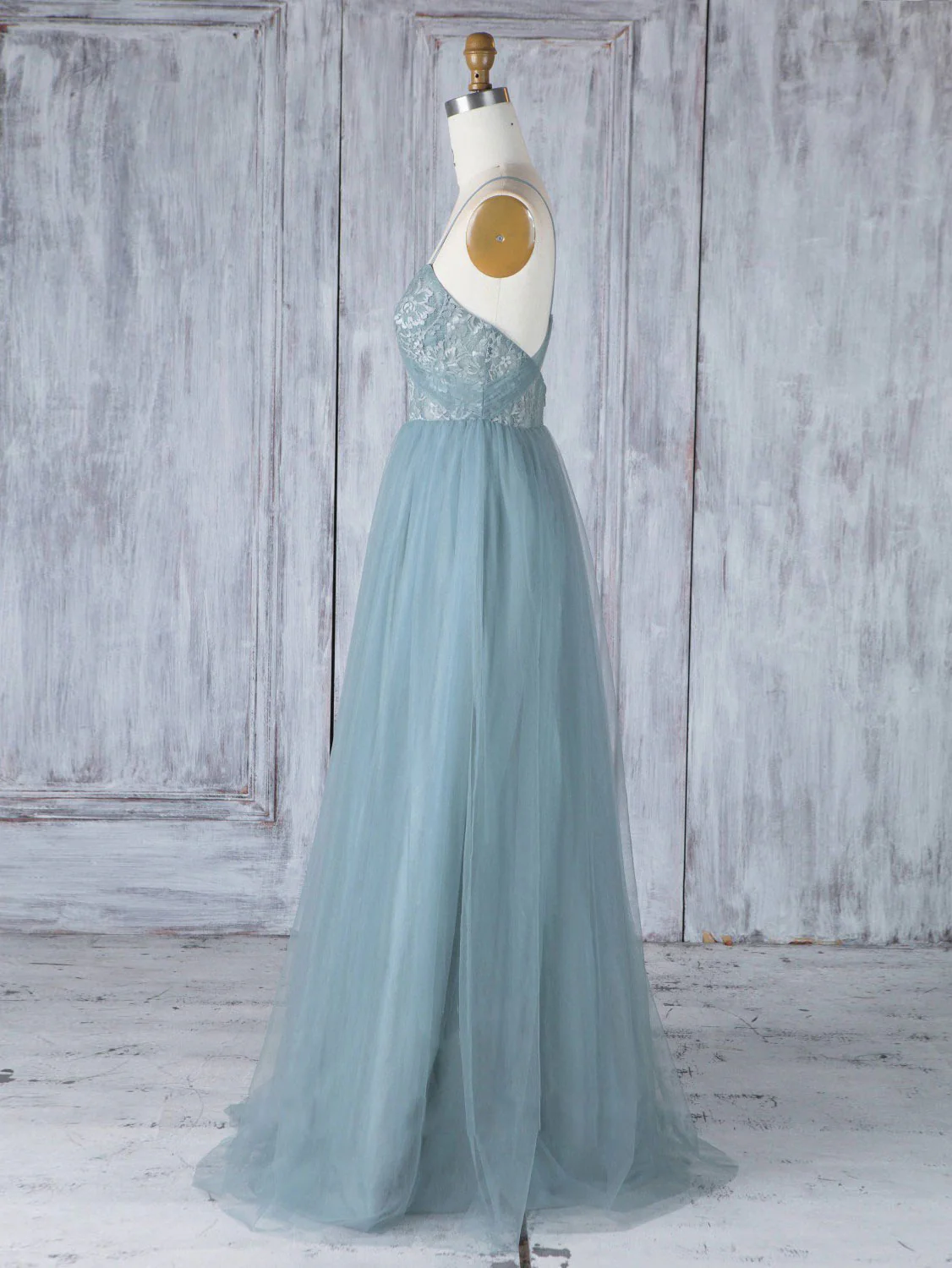 Simple Sweetheart Neck Tulle Lace Long Prom Dresses, Gray Blue Bridesmaid Dresses - Deanwangkt
