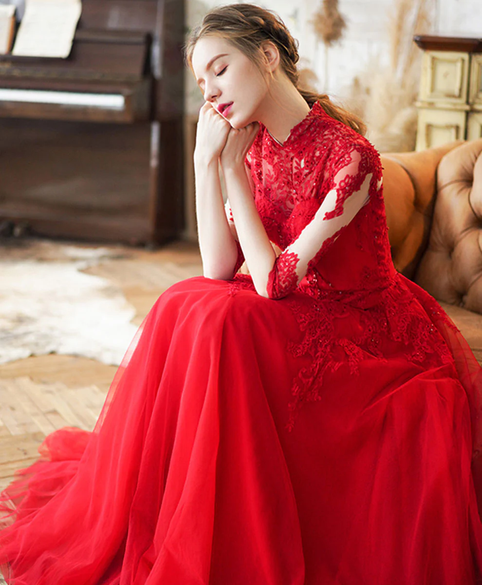 Red High Neck Tulle Lace Long Prom Dress, Red Lace Formal Dress - Deanwangkt