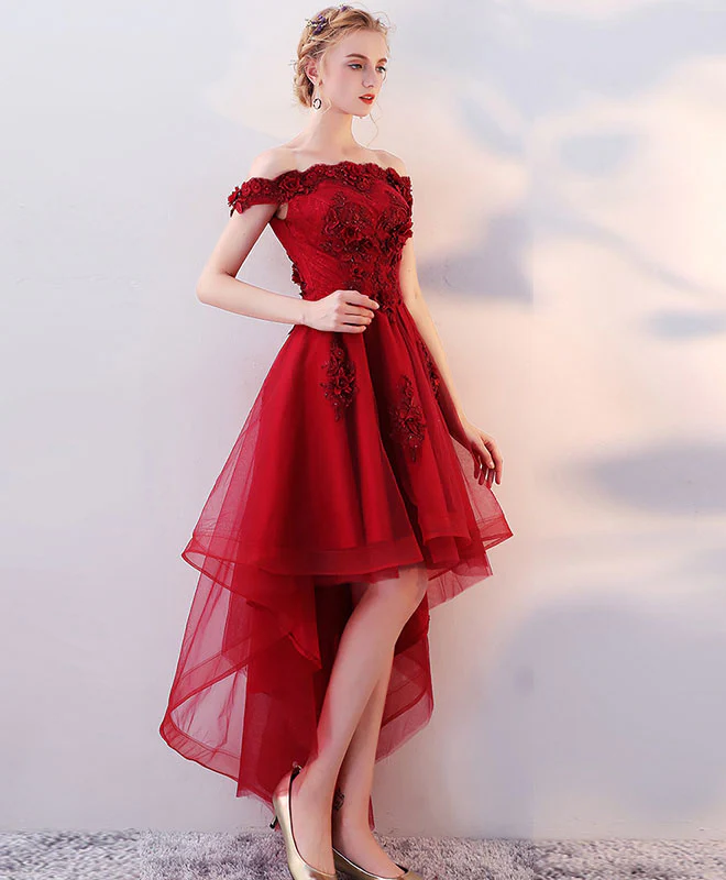 Burgundy High Low Tulle Lace Long Prom Dress, Lace Evening Dress - Deanwangkt