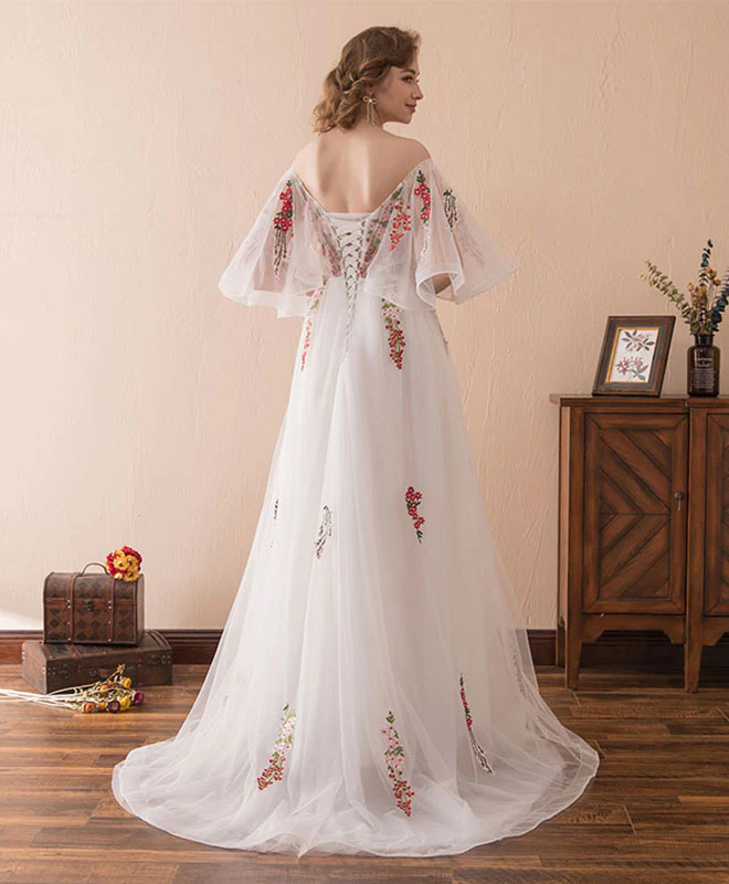 White V Neck Tulle Lace Long Prom Dress, White Evening Dress - Deanwangkt