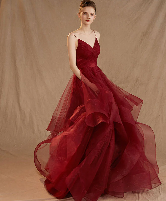Burgundy Tulle Long Prom Dress, Burgundy Tulle Evening Dress - Deanwangkt