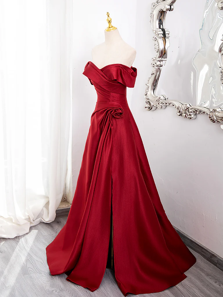A-Line Off Shoulder Satin Burgundy Long Prom Dress, Burgundy Long Formal Dress - Deanwangkt