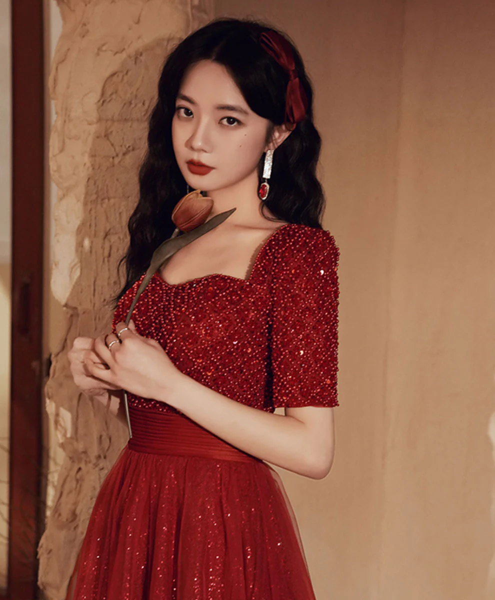 Burgundy Aline Beading Long Prom Dress, Burgundy Tulle Formal Dress - Deanwangkt