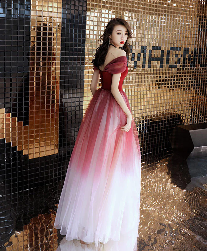 Unique Burgundy Off Shoulder Tulle Long Prom Dress, Burgundy Evening Dress - Deanwangkt