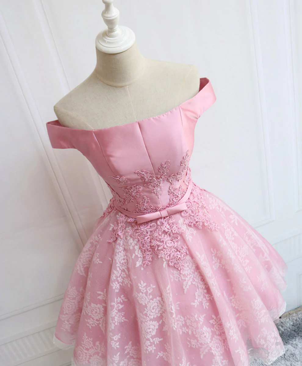Tulle Of Shoulder Lace Short Pink Prom Dress Lace Homecoming Dress - Deanwangkt