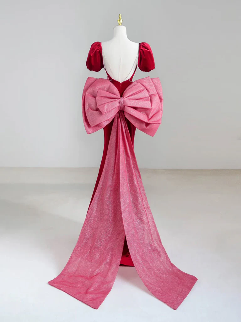 Mermaid Velvet Short Sleeve Burgundy Long Prom Dress, Burgundy Long Formal Dress - Deanwangkt