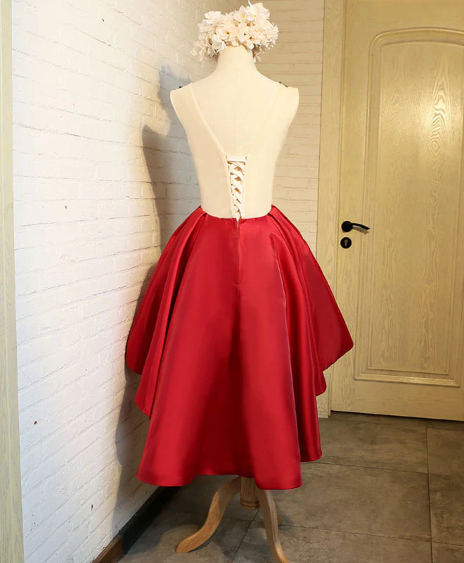 Cute Red Lace High Low Prom Dress, Homecoming Dress - Deanwangkt