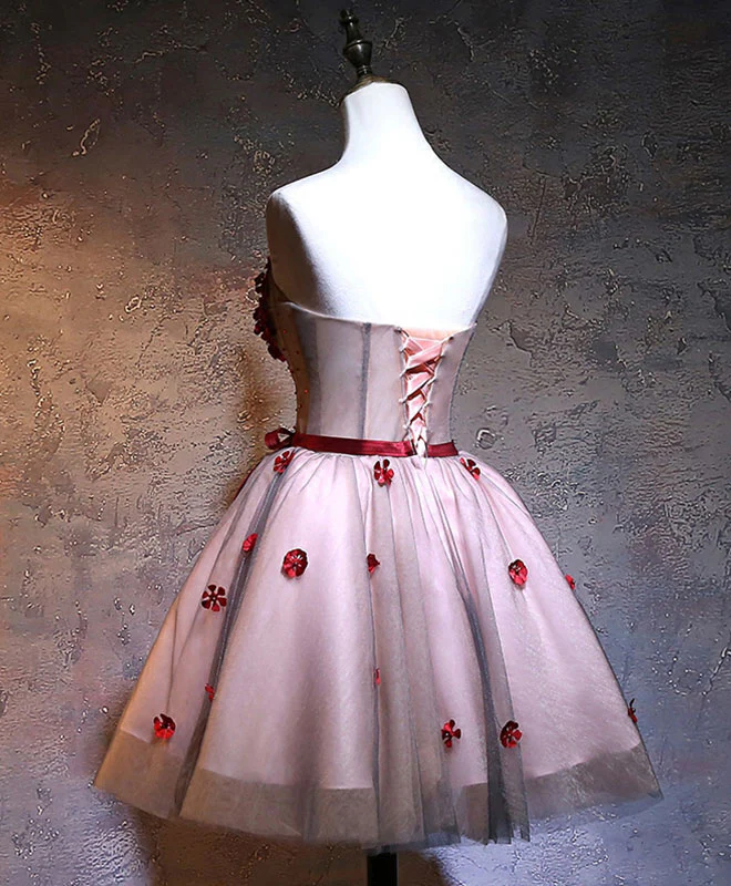 Burgundy Sweetheart Neck Lace Short Prom Dress, Burgundy Homecoming Dress - Deanwangkt