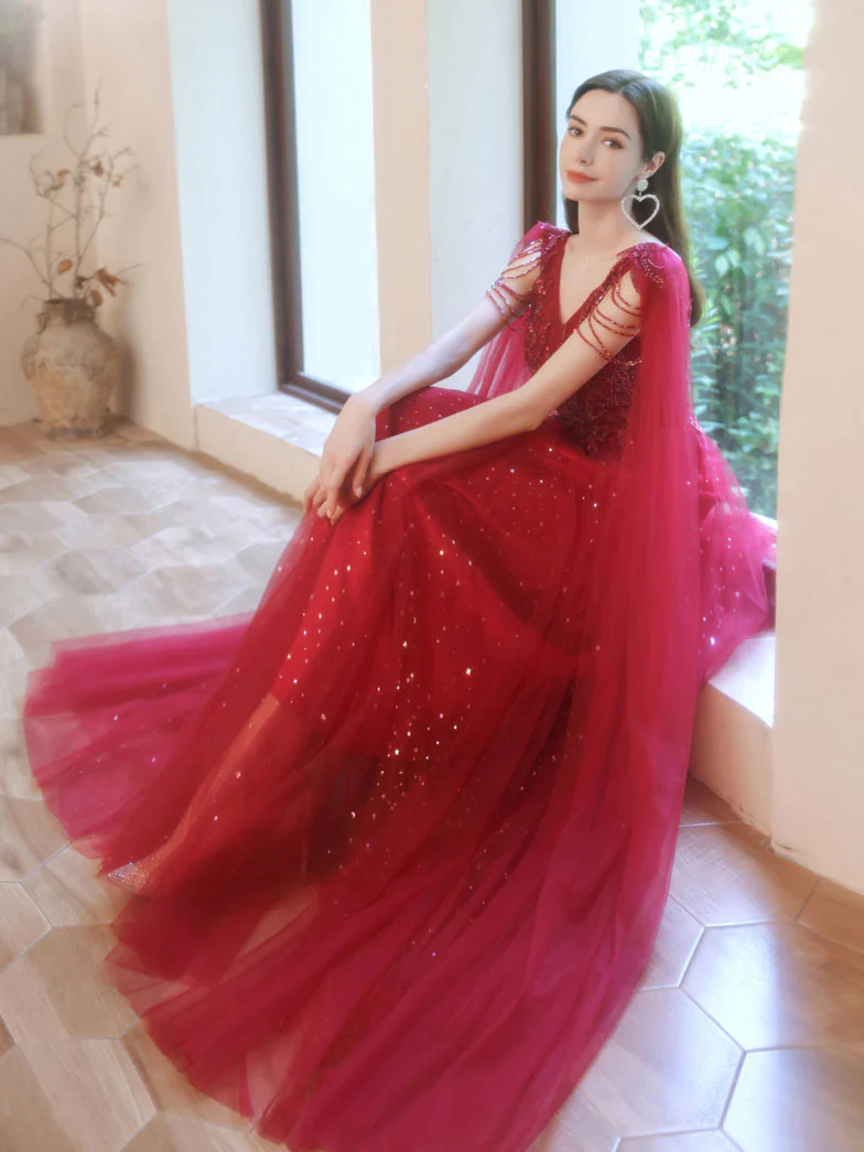 Burgundy V Neck Tulle Lace Beads Long Prom Dress, Burgundy Evening Dress - Deanwangkt