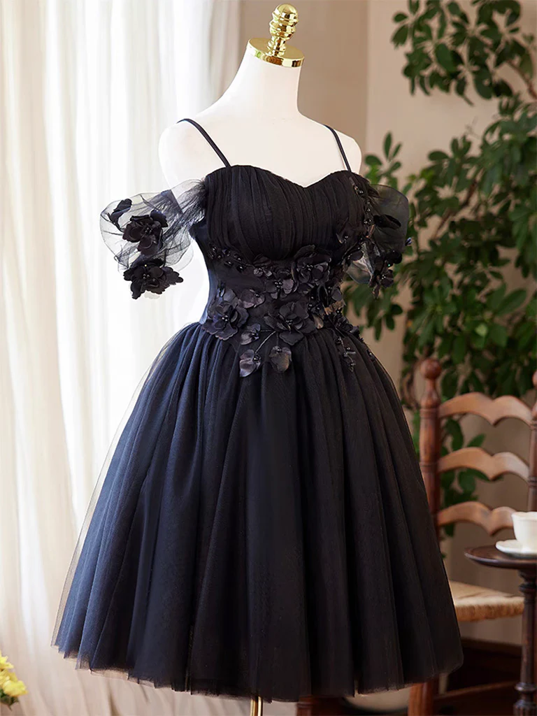A-Line Sweetheart Neck Tulle Flower Black Short Prom Dress, Black Homecoming Dress - Deanwangkt
