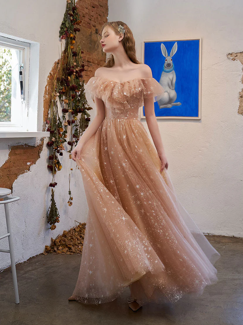 Simple Tulle Off Shoulder Lace Long Prom Dress Lace Formal Dress - Deanwangkt
