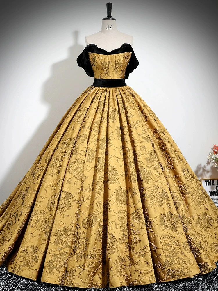 A-Line Off Shoulder Satin Gold Long Prom Dress, Gold Long Formal Dress - Deanwangkt