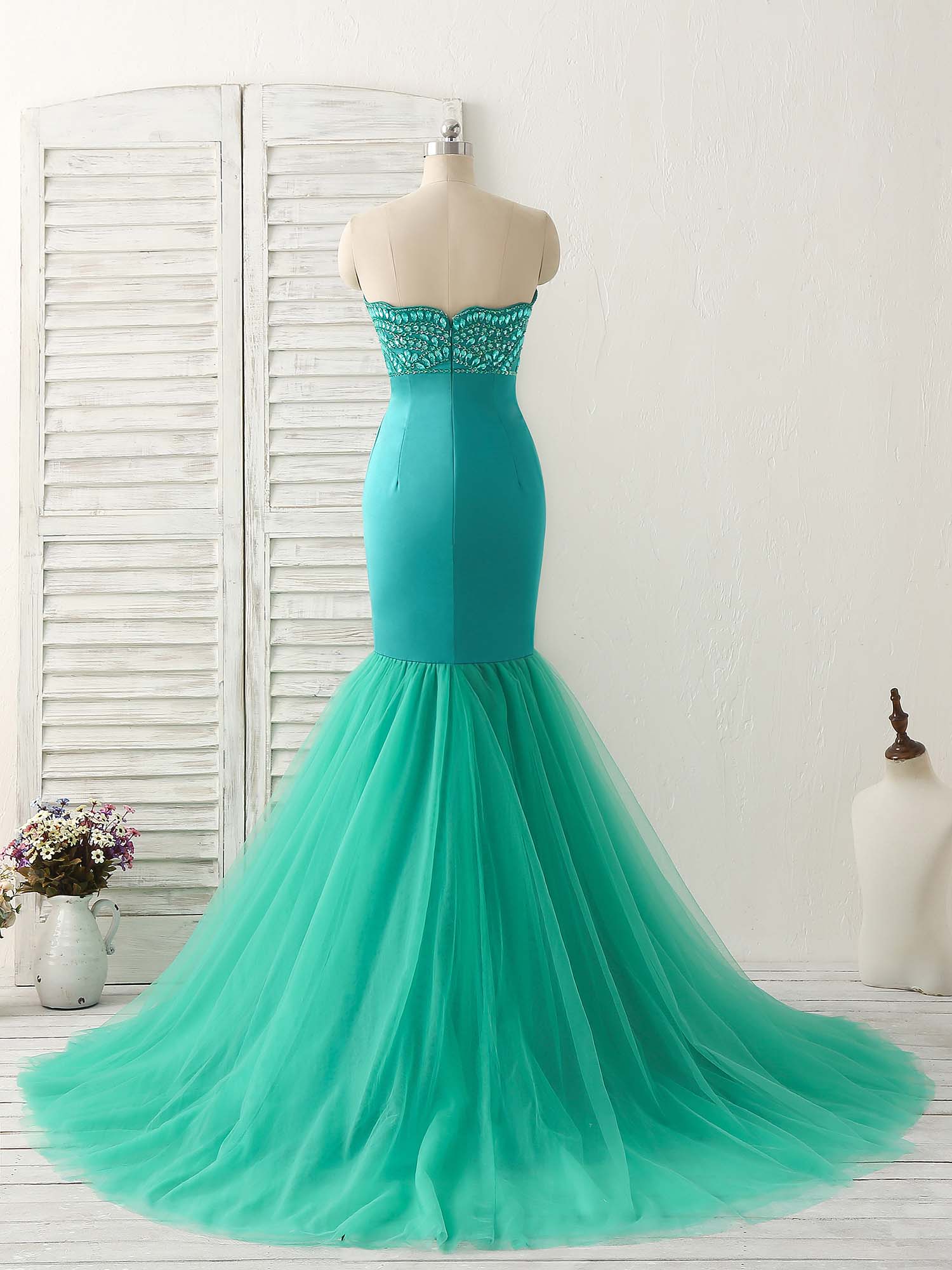 Green Tulle Mermaid Long Prom Dress Green Evening Dress - Deanwangkt
