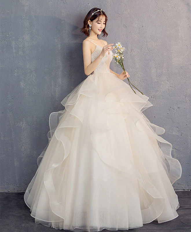 Light Champagne Tulle Long Prom Dress, Champagne Tulle Evening Dress - Deanwangkt