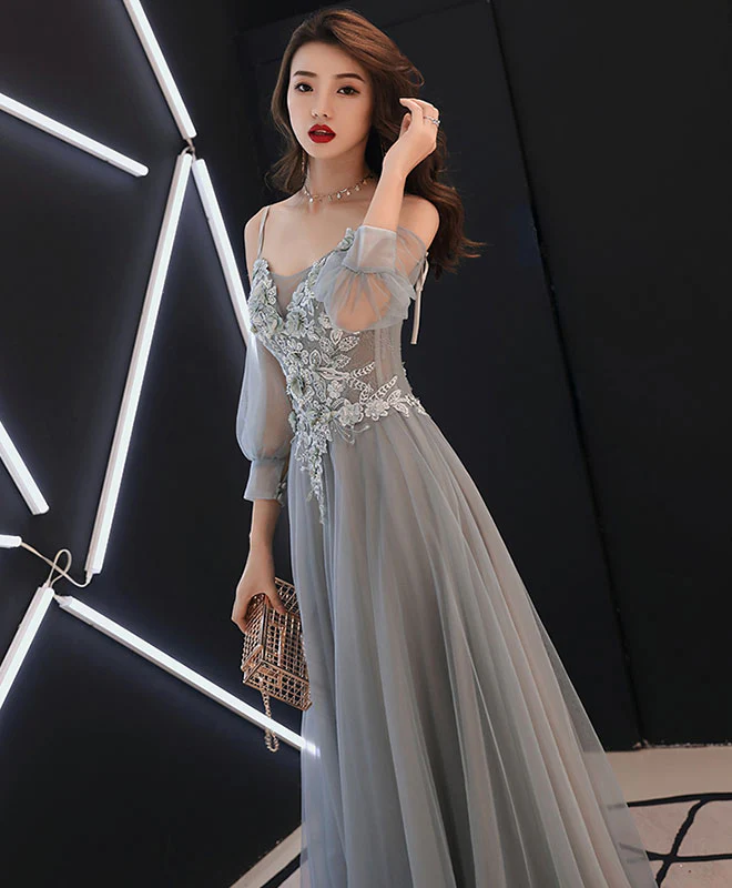 Gray Sweetheart A-Line Tulle Lace Long Prom Dress, Gray Evening Dress - Deanwangkt