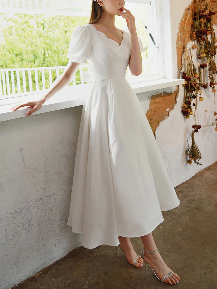 White V Neck Short Prom Dress, White Bridesmaid Dress - Deanwangkt