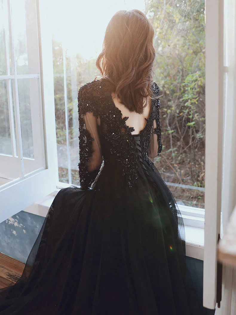 Black V Neck Tulle Lace  Beads Long Prom Dress, Black Tulle Evening Dresses - Deanwangkt