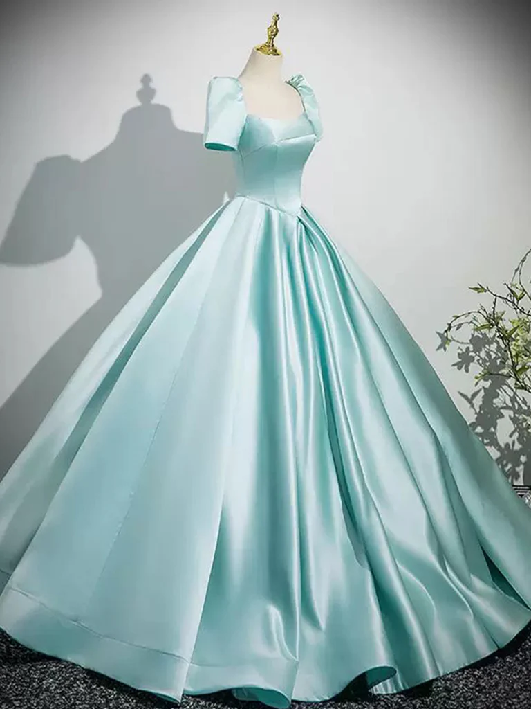 A-Line Puff Sleeves Satin Mint Blue Long Prom Dress, Mint Blue Long Formal Dress - Deanwangkt