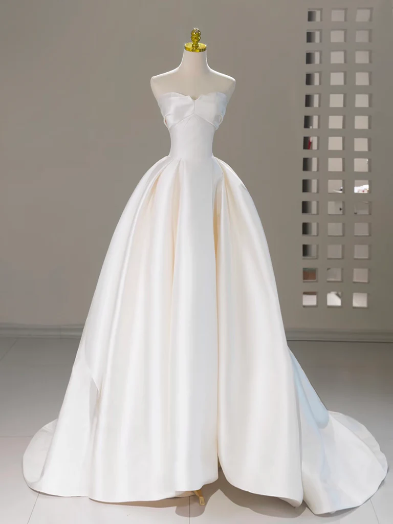 A-Line Sweetheart Neck Satin Beige Long Prom Dress, Beige Long Formal Dress - Deanwangkt