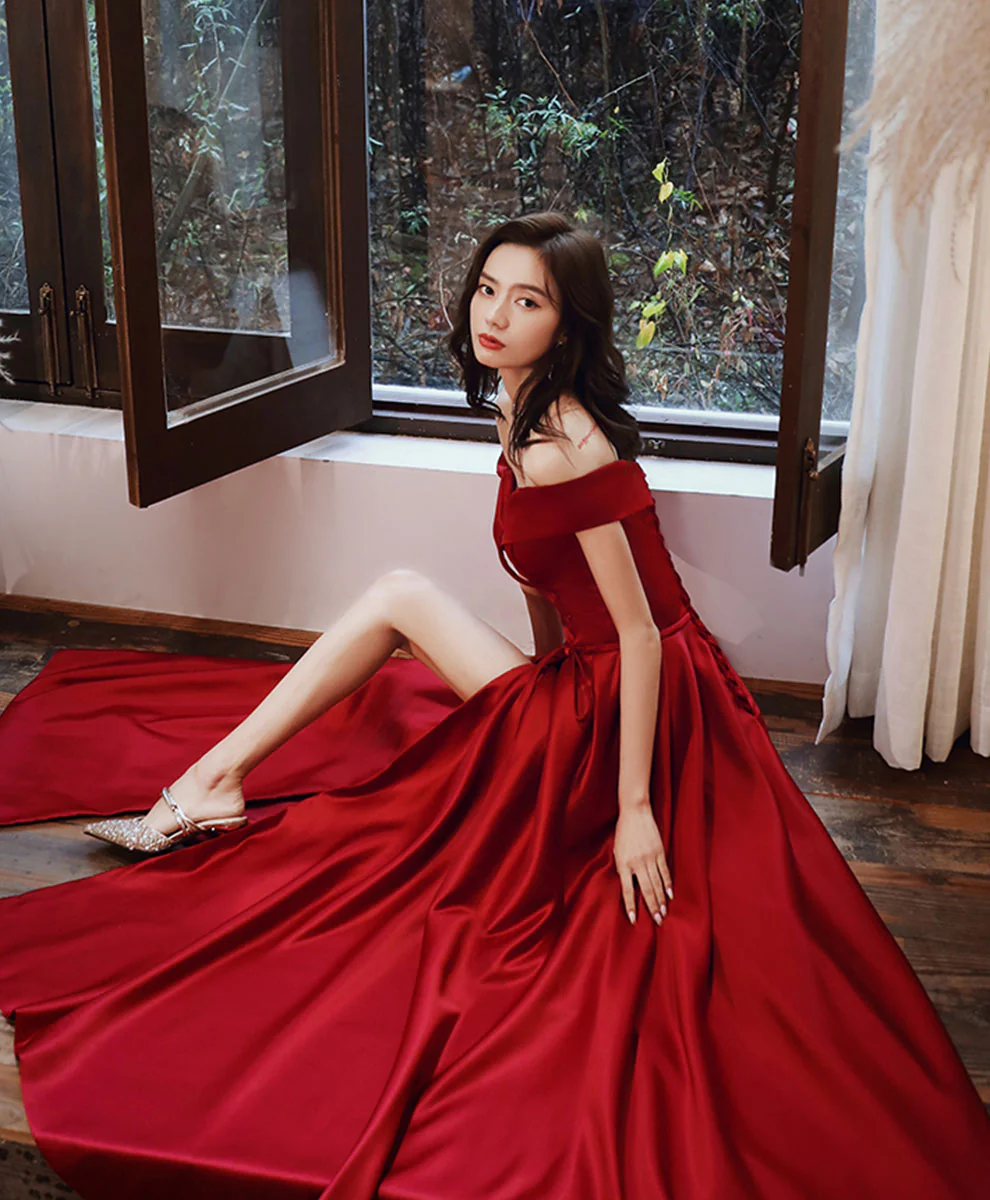 Simple V Neck Off Shoulder Satin Long Prom Dress Evening Dress - Deanwangkt