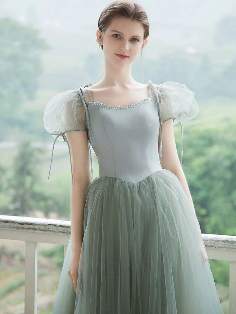 Simple Green Tulle Long Prom Dress, Green Tulle Evening Dress - Deanwangkt