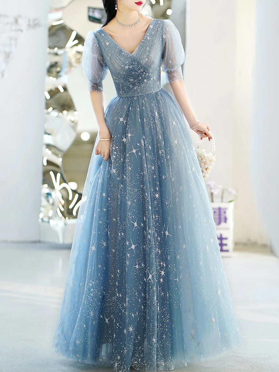 Simple V Neck Tulle Star Blue Long Prom Dress, Blue Formal Bridesmaid Dresses - Deanwangkt
