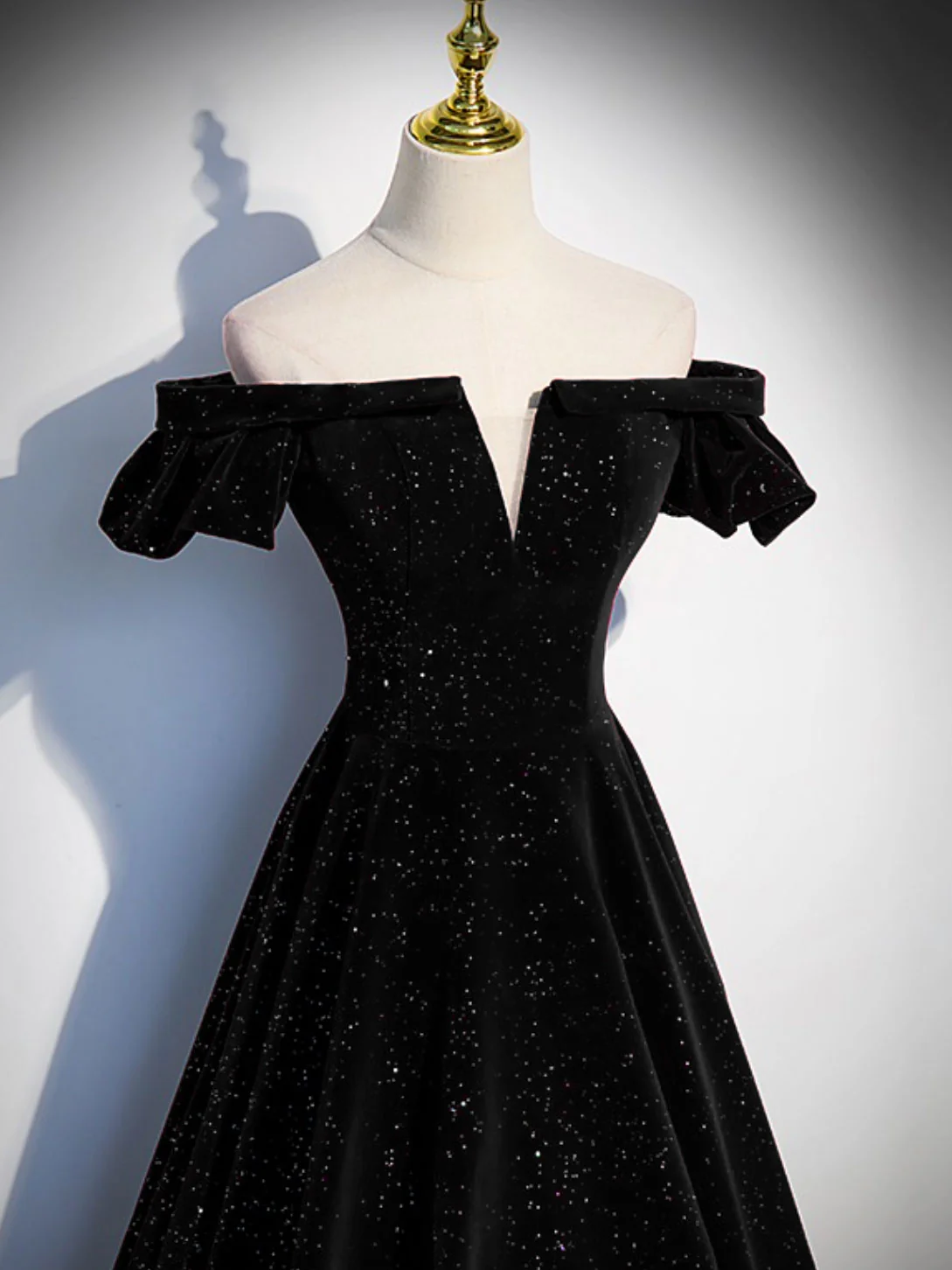 A-Line Off Shoulder Velvet Black Long Prom Dresses, Black Formal Evening Dress - Deanwangkt