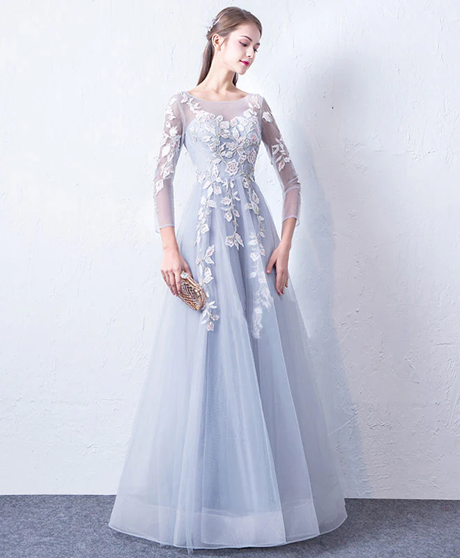 Gray Blue Cute Round Neck Lace Applique Tulle Long Prom Dress, Evening Dress - Deanwangkt