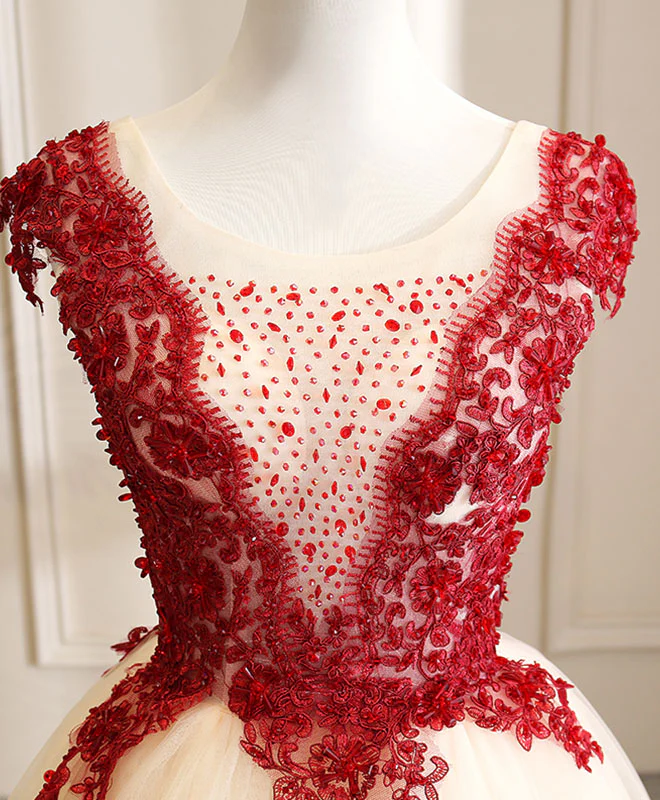 Burgundy Tulle Beads Lace Long Prom Dress Sweet 16 Dress - Deanwangkt