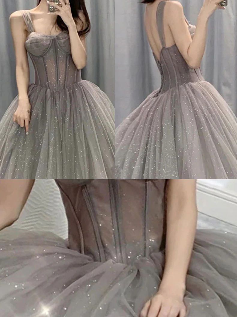 Gray Sweetheart Neck  Tulle Long Prom Dress, Gray Formal Graduation Dresses - Deanwangkt