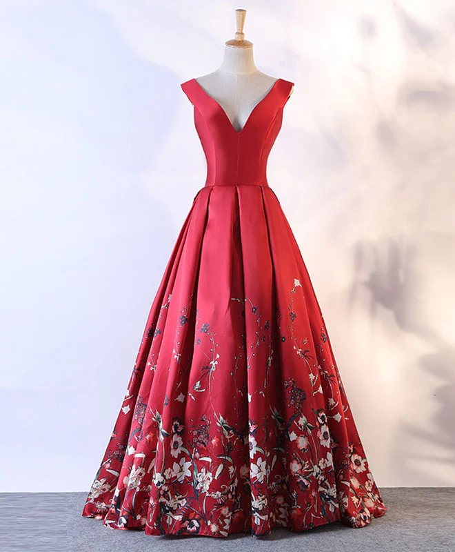Red Floral Pattern Long Prom Dress, Red Evening Dress - Deanwangkt