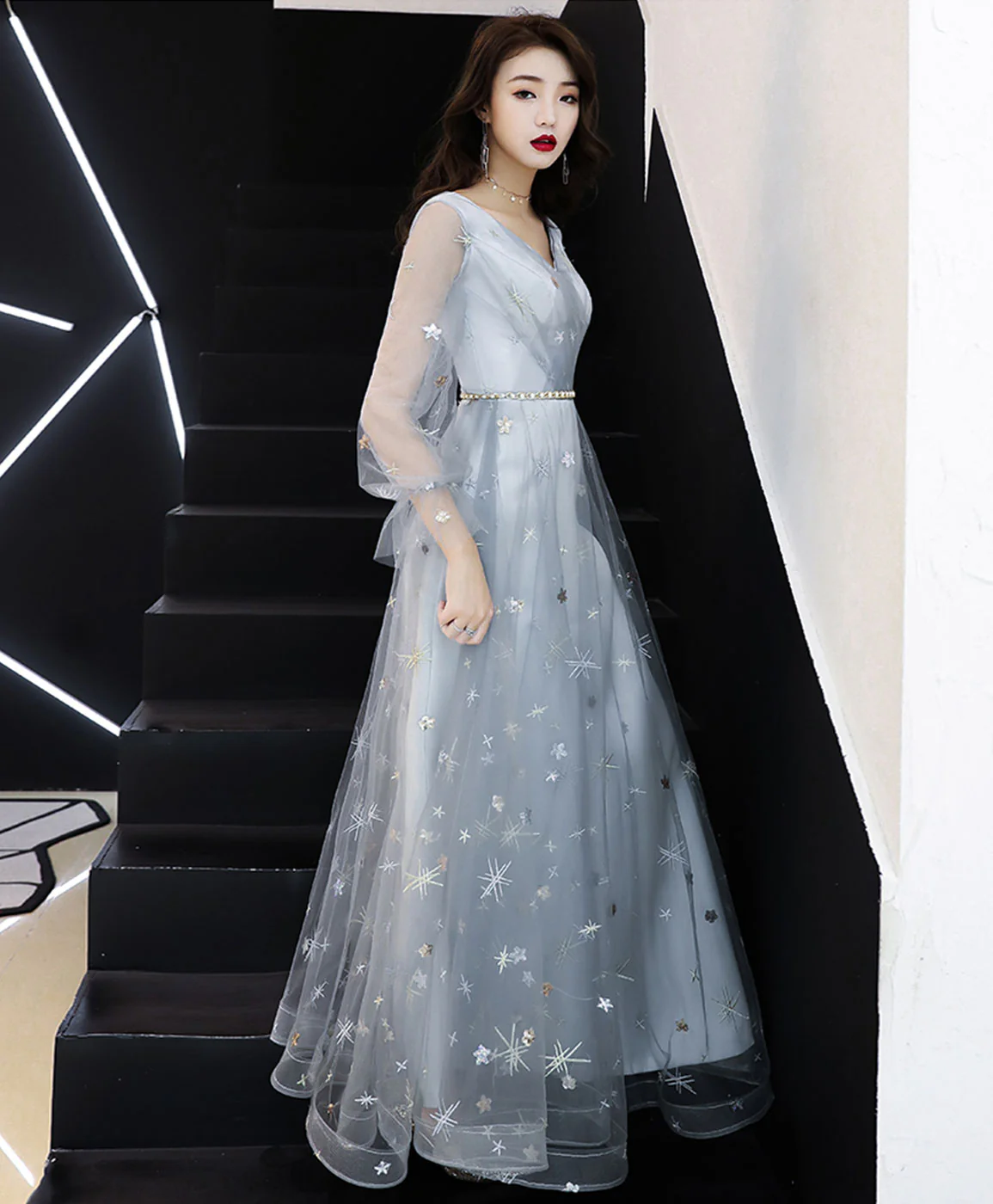 Gray V Neck Tulle Lace Long Prom Dress, Gray Tulle Evening Dress - Deanwangkt