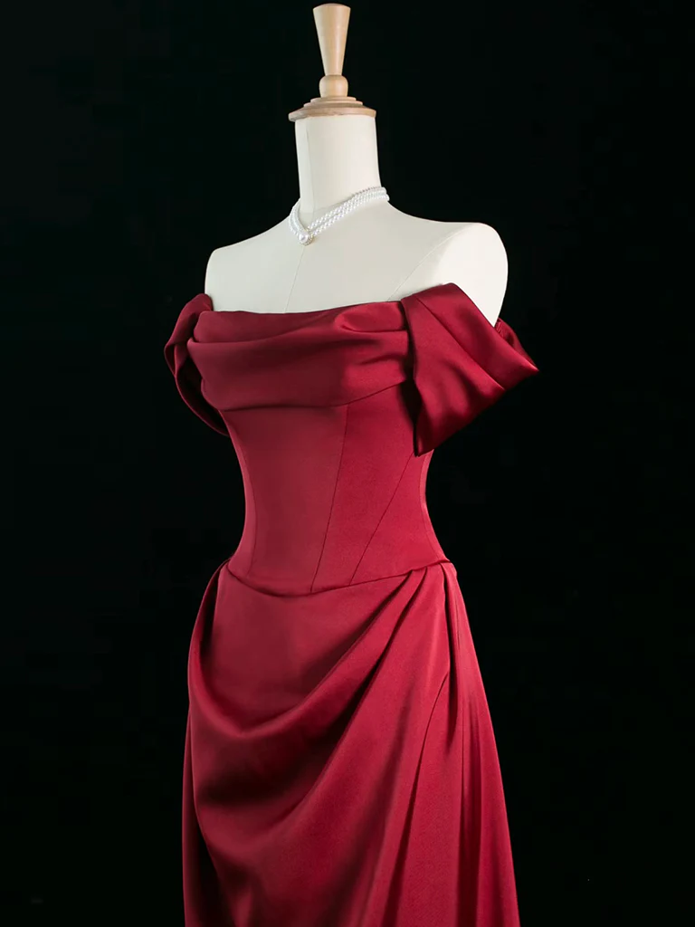 A-Line Off Shoulder Satin Burgundy Long Prom Dress, Burgundy Long Formal Dress - Deanwangkt